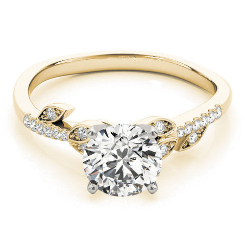 Yellow gold Round Solitaire Leaf-Inspired Diamond Ring with Pavé Band and Four-Prong Setting