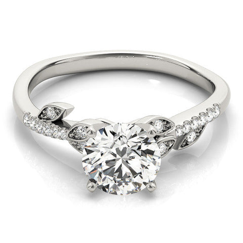 White gold Round Solitaire Leaf-Inspired Diamond Ring with Pavé Band and Four-Prong Setting
