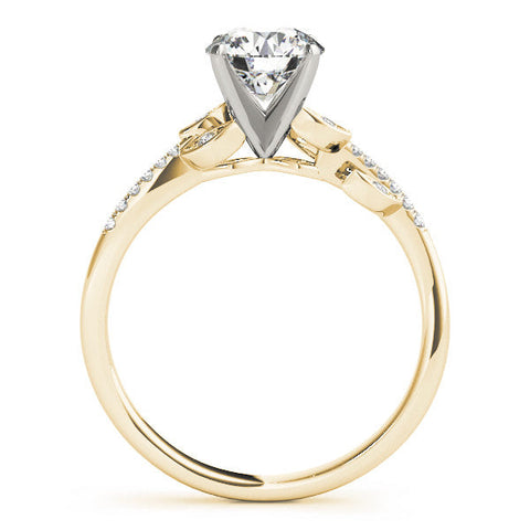 Yellow gold Round Solitaire Leaf-Inspired Diamond Ring with Pavé Band and Four-Prong Setting