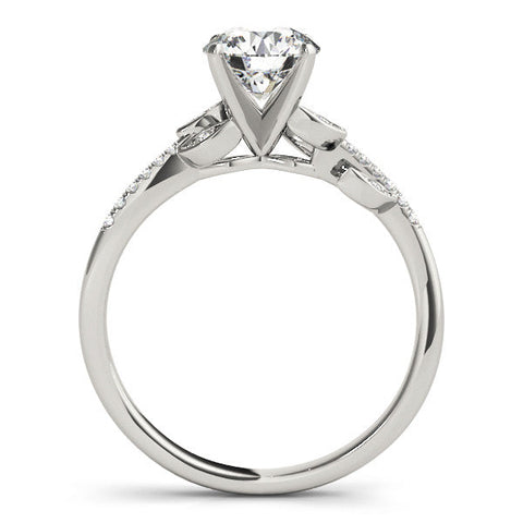 Platinum Round Solitaire Leaf-Inspired Diamond Ring with Pavé Band and Four-Prong Setting