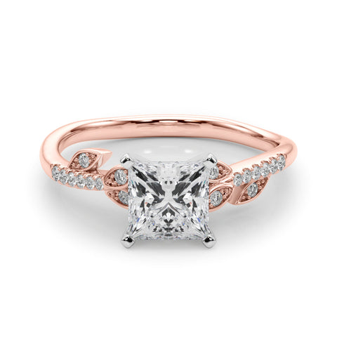 Rose gold Princess Solitaire Leaf-Inspired Diamond Ring with Pavé Band and Four-Prong Setting