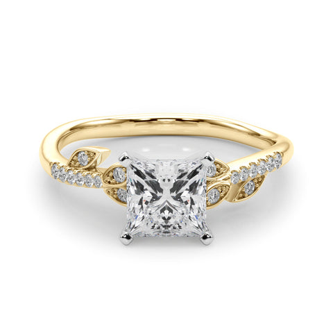 Yellow gold Princess Solitaire Leaf-Inspired Diamond Ring with Pavé Band and Four-Prong Setting