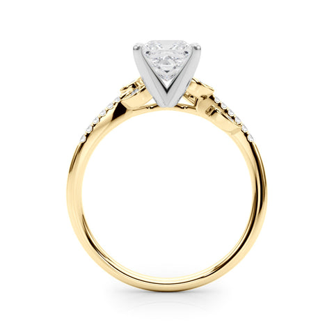Yellow gold Princess Solitaire Leaf-Inspired Diamond Ring with Pavé Band and Four-Prong Setting