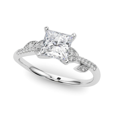 Platinum Princess Solitaire Leaf-Inspired Diamond Ring with Pavé Band and Four-Prong Setting