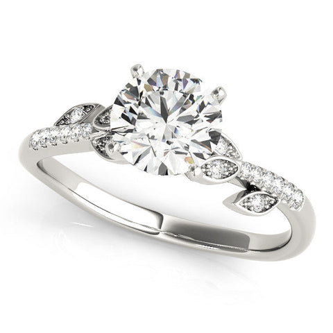 Platinum Round Solitaire Leaf-Inspired Diamond Ring with Pavé Band and Four-Prong Setting