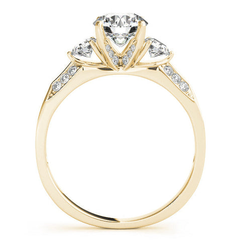 Yellow gold Round Brilliant Three-Stone Diamond Ring with Pavé Band and Four-Prong Setting