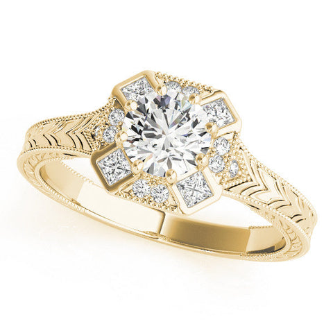 Yellow gold Round Diamond Milgrain Halo Engagement Ring with Chevron Band and Prong Setting
