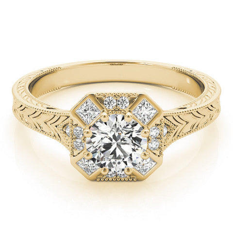 Yellow gold Round Diamond Milgrain Halo Engagement Ring with Chevron Band and Prong Setting