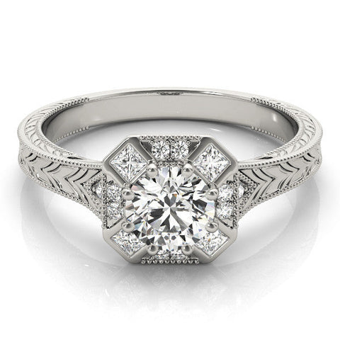 Platinum Round Diamond Milgrain Halo Engagement Ring with Chevron Band and Prong Setting