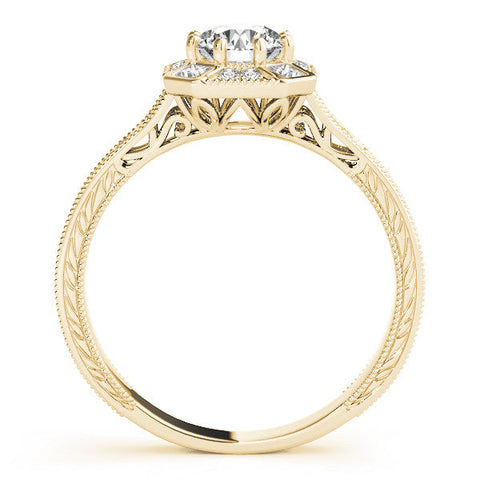 Yellow gold Round Diamond Milgrain Halo Engagement Ring with Chevron Band and Prong Setting