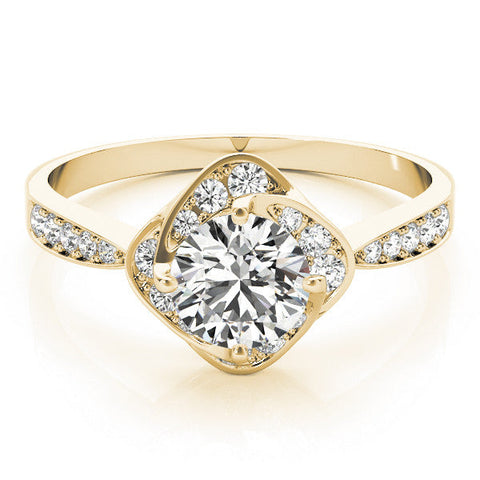 Yellow gold Round Halo Twist Diamond Engagement Ring with Pavé Band and Four-Prong Setting