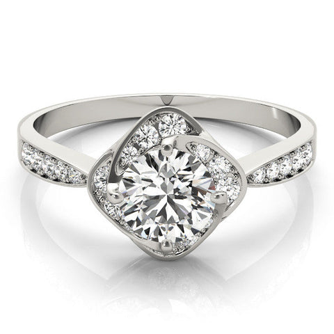 Platinum Round Halo Twist Diamond Engagement Ring with Pavé Band and Four-Prong Setting