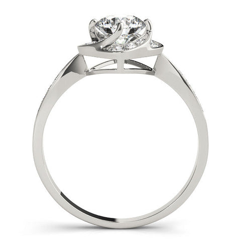 Platinum Round Halo Twist Diamond Engagement Ring with Pavé Band and Four-Prong Setting