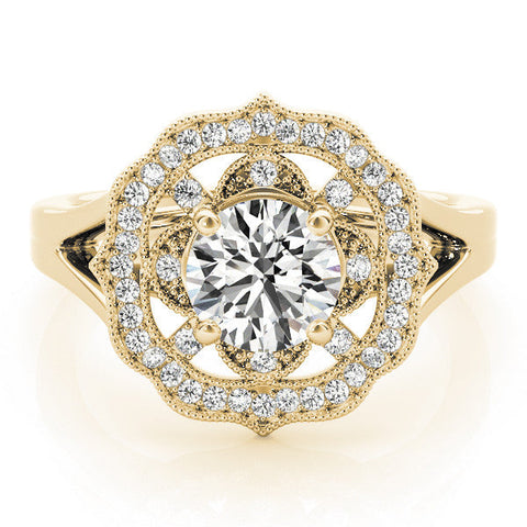 Yellow gold Round Halo Diamond Ring with Split Shank and Four-Prong Setting