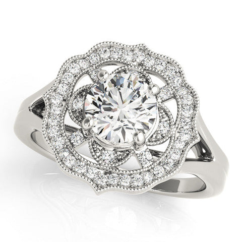 Platinum Round Halo Diamond Ring with Split Shank and Four-Prong Setting