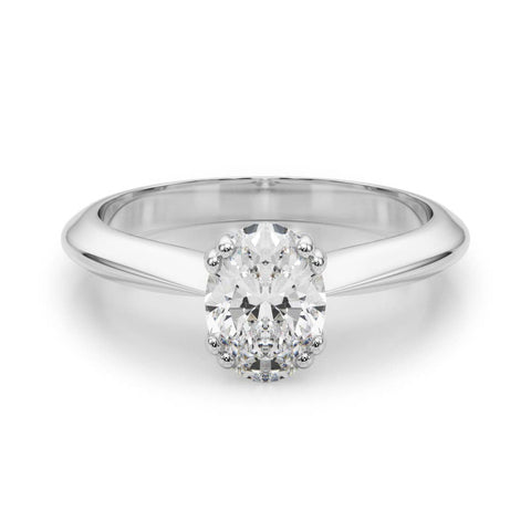 Platinum Oval Solitaire Diamond Ring with Four-Prong Setting on a Tapered Band