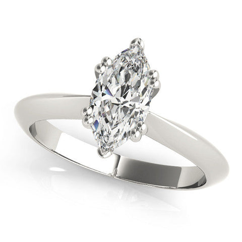 Silver Marquise Solitaire Diamond Ring with Six-Prong Setting and Classic Band