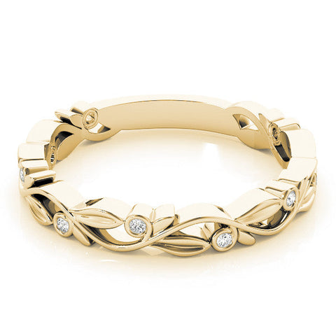 Yellow gold Bezel Set Round Diamond Leaf Eternity Band