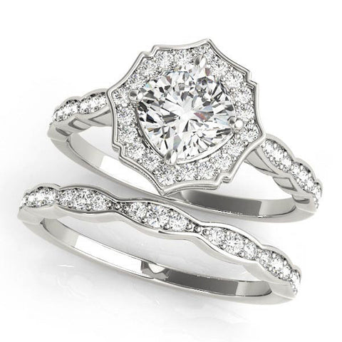 White gold Round Halo Diamond Ring with Milgrain Band and Four-Prong Setting