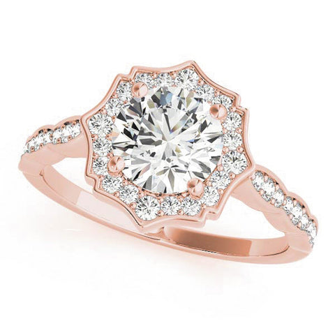 Rose gold Round Halo Diamond Engagement Ring with Milgrain Band and Four-Prong Setting