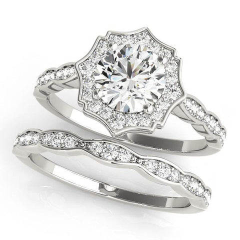 Silver Round Halo Diamond Engagement Ring with Milgrain Band and Four-Prong Setting