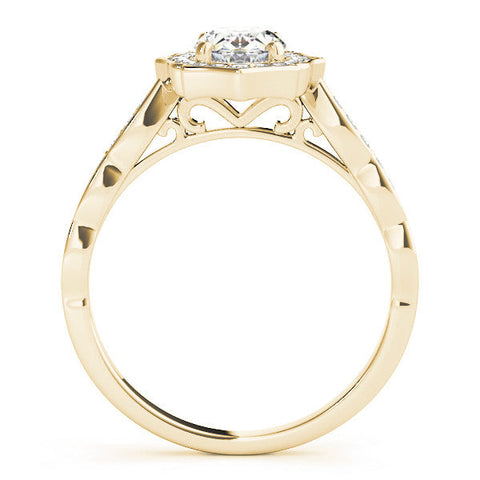 Yellow gold Oval Halo Diamond Ring with Scalloped Band and Four-Prong Setting