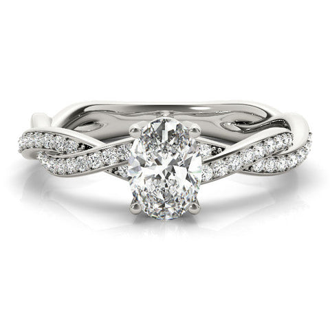 Platinum Oval Solitaire Twisted Pave Diamond Ring with Four-Prong Setting