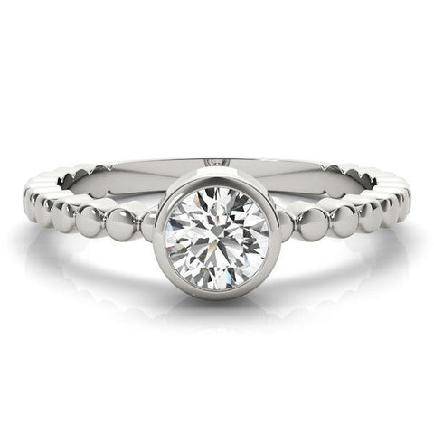 White gold Bezel Set Round Solitaire Beaded Band Ring