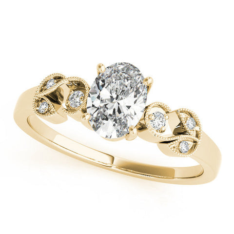 Yellow gold Heart Solitaire Milgrain Leaf Band with Prong Setting