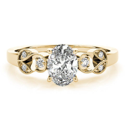 Yellow gold Cushion Solitaire Milgrain Leaf Band with Prong Setting