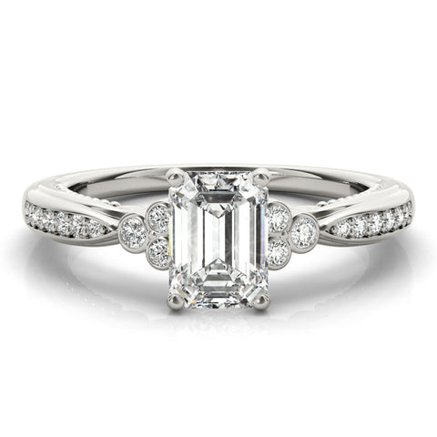 Platinum Emerald Cut Diamond Solitaire with Pavé Band and Four-Prong Setting