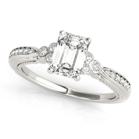White gold Emerald Cut Diamond Solitaire with Pavé Band and Four-Prong Setting