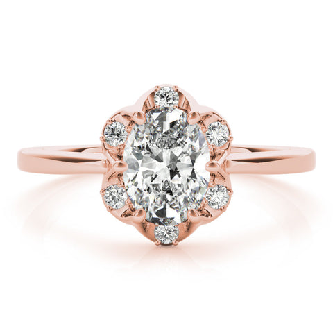 Rose gold Oval Halo Diamond Ring with Round Cluster Setting, Solitaire Band, and Four-Prong Setting