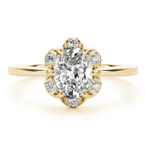 Yellow gold Oval Halo Diamond Ring with Round Cluster Setting, Solitaire Band, and Four-Prong Setting