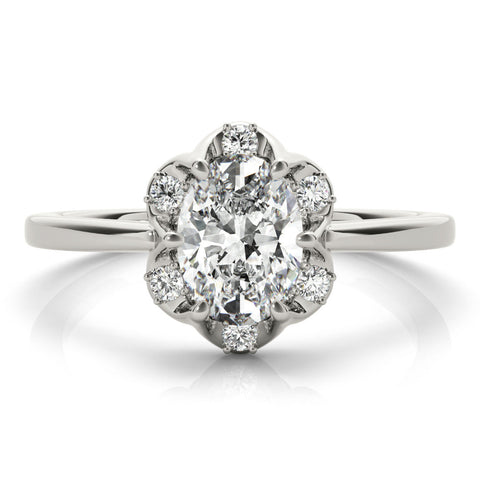 Platinum Oval Halo Diamond Ring with Round Cluster Setting, Solitaire Band, and Four-Prong Setting
