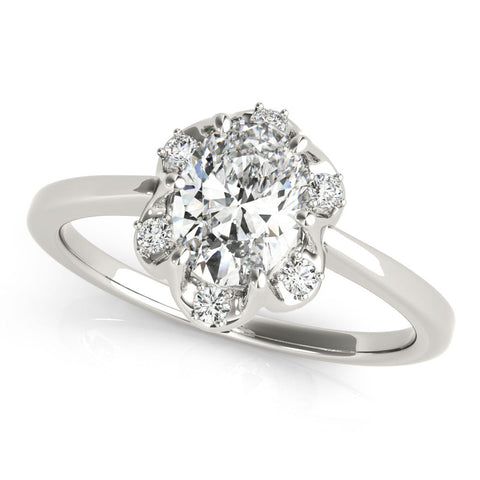 Silver Oval Halo Diamond Ring with Round Cluster Setting, Solitaire Band, and Four-Prong Setting