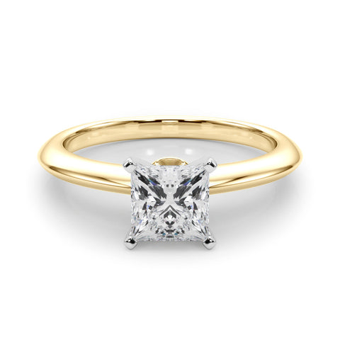 Yellow gold Cushion Solitaire Diamond Ring with Six-Prong Setting on a Classic Band