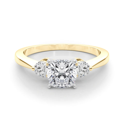 Yellow gold Three-Stone Cushion Solitaire Ring with Tapered Band and Four-Prong Setting