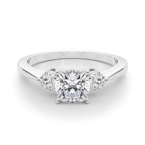 Platinum Three-Stone Cushion Solitaire Ring with Tapered Band and Four-Prong Setting