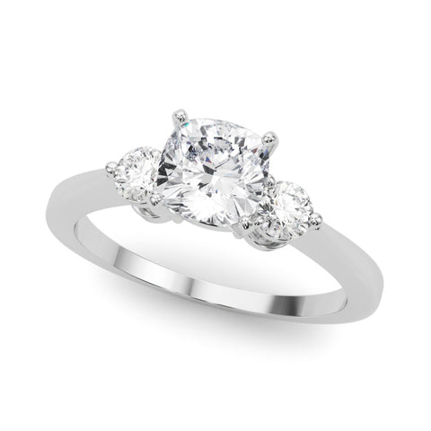Platinum Three-Stone Cushion Solitaire Ring with Tapered Band and Four-Prong Setting