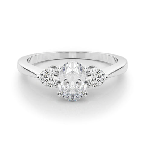 Platinum Three-Stone Oval Solitaire Ring with Tapered Band and Four-Prong Setting