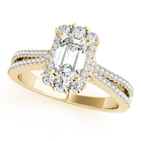 Yellow gold Emerald Cut Halo Split Shank Ring with Prong Setting