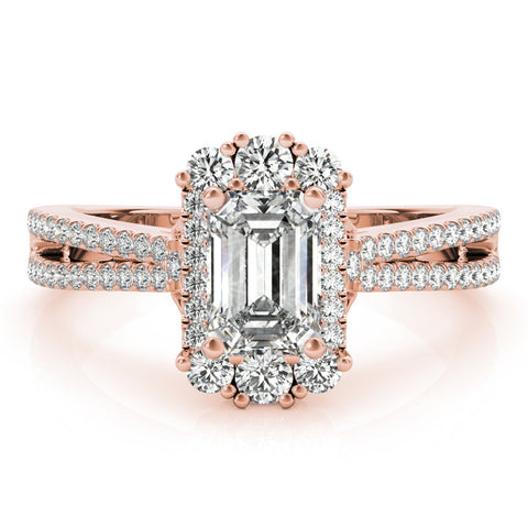 Rose gold Radiant Cut Halo Split Shank Ring with Prong Setting
