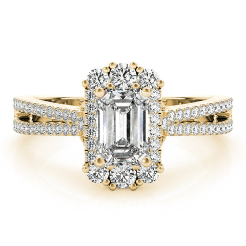 Yellow gold Radiant Cut Halo Split Shank Ring with Prong Setting