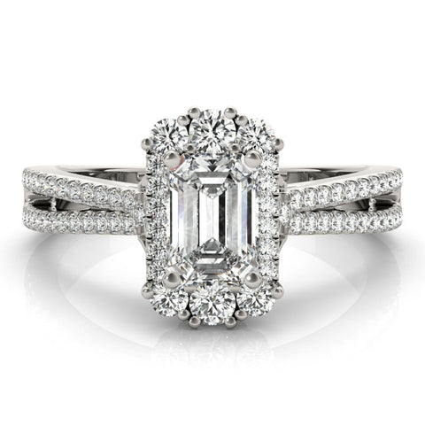 Platinum Emerald Cut Halo Split Shank Ring with Prong Setting