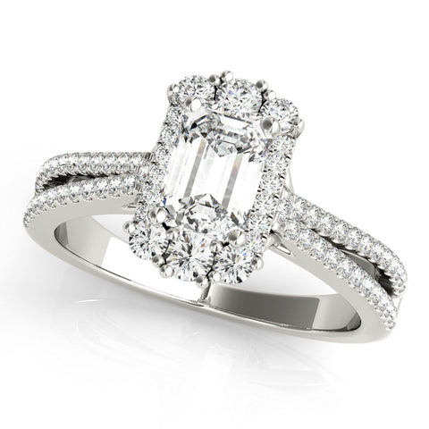 Platinum Emerald Cut Halo Split Shank Ring with Prong Setting