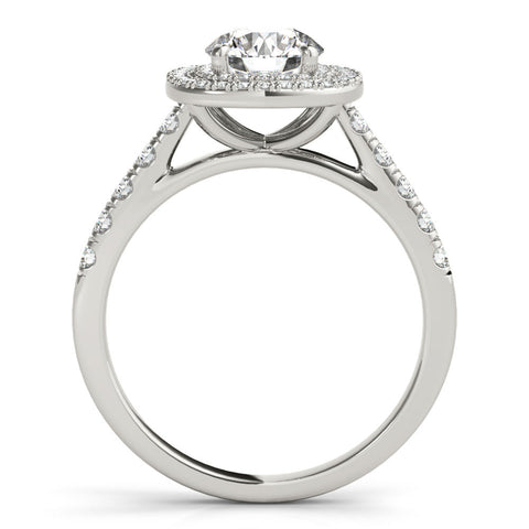 White gold Cushion Halo Round Diamond Pavé Band Ring with Four-Prong Setting