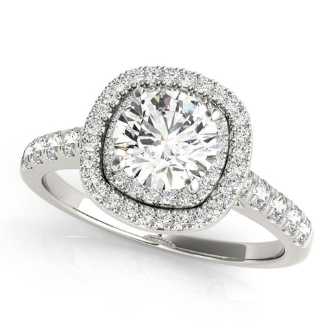 White gold Cushion Halo Round Diamond Pavé Band Ring with Four-Prong Setting