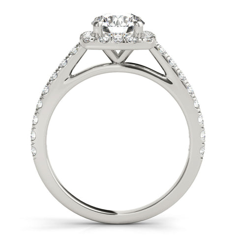 Platinum Cushion Halo Round Diamond Pave Band Four-Prong Ring