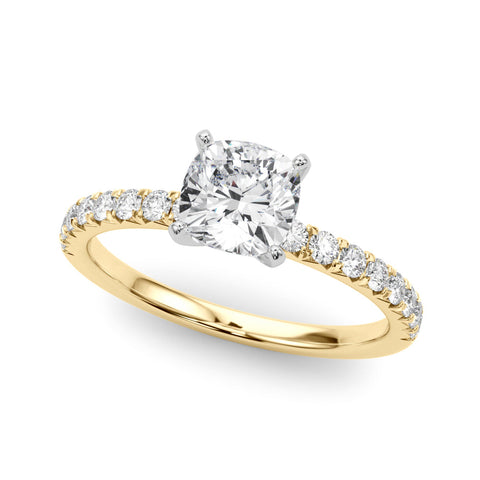 Yellow gold Cushion Solitaire Pave Diamond Engagement Ring with Four-Prong Setting